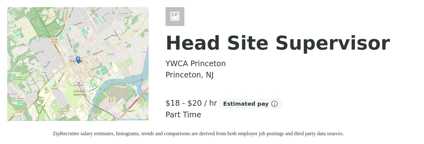 YWCA Princeton job posting for a Head Site Supervisor in Princeton, NJ with a salary of $19 to $21 Hourly with a map of Princeton location.