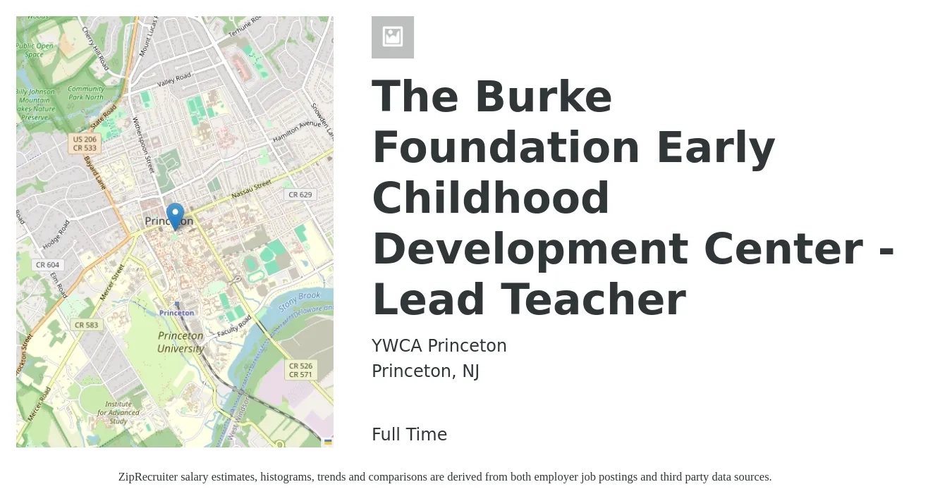 YWCA Princeton job posting for a The Burke Foundation Early Childhood Development Center - Lead Teacher in Princeton, NJ with a salary of $16 to $22 Hourly with a map of Princeton location.