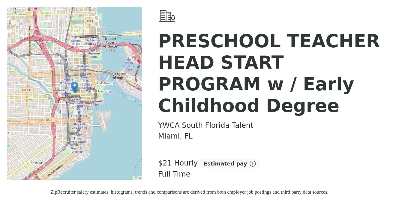 YWCA South Florida Talent job posting for a PRESCHOOL TEACHER HEAD START PROGRAM w / Early Childhood Degree in Miami, FL with a salary of $22 Hourly with a map of Miami location.