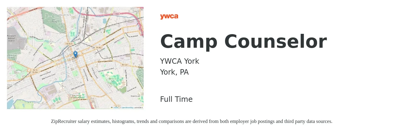 YWCA York job posting for a Camp Counselor in York, PA with a salary of $12 to $17 Hourly with a map of York location.