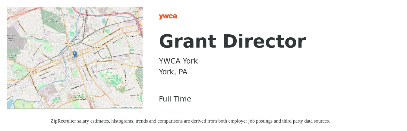 YWCA York job posting for a Grant Director in York, PA with a salary of $68,400 to $107,800 Yearly with a map of York location.