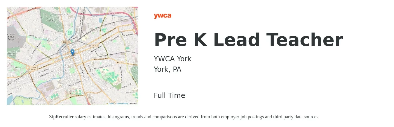 YWCA York job posting for a Pre K Lead Teacher in York, PA with a salary of $16 to $22 Hourly with a map of York location.