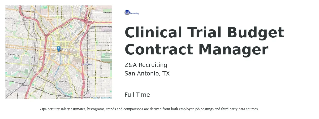 Z&A Recruiting job posting for a Clinical Trial Budget Contract Manager in San Antonio, TX with a salary of $48 to $66 Hourly with a map of San Antonio location.
