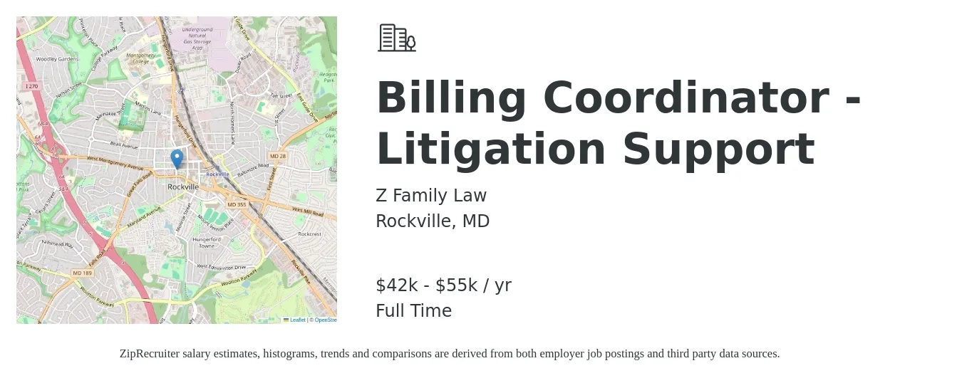 Z Family Law job posting for a Billing Coordinator - Litigation Support in Rockville, MD with a salary of $42,000 to $55,000 Yearly with a map of Rockville location.