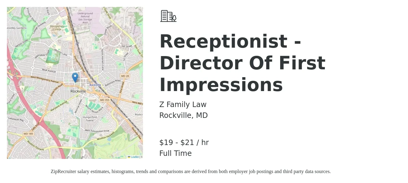 Z Family Law job posting for a Receptionist - Director Of First Impressions in Rockville, MD with a salary of $20 to $22 Hourly with a map of Rockville location.
