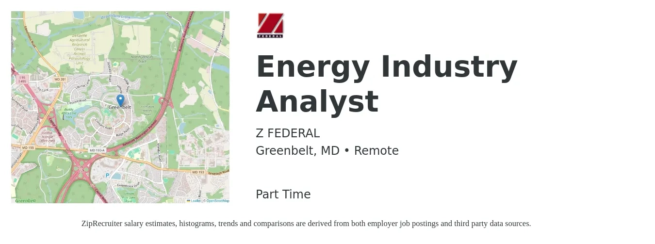 Z FEDERAL job posting for a Energy Industry Analyst in Greenbelt, MD with a salary of $70,900 to $109,900 Yearly with a map of Greenbelt location.
