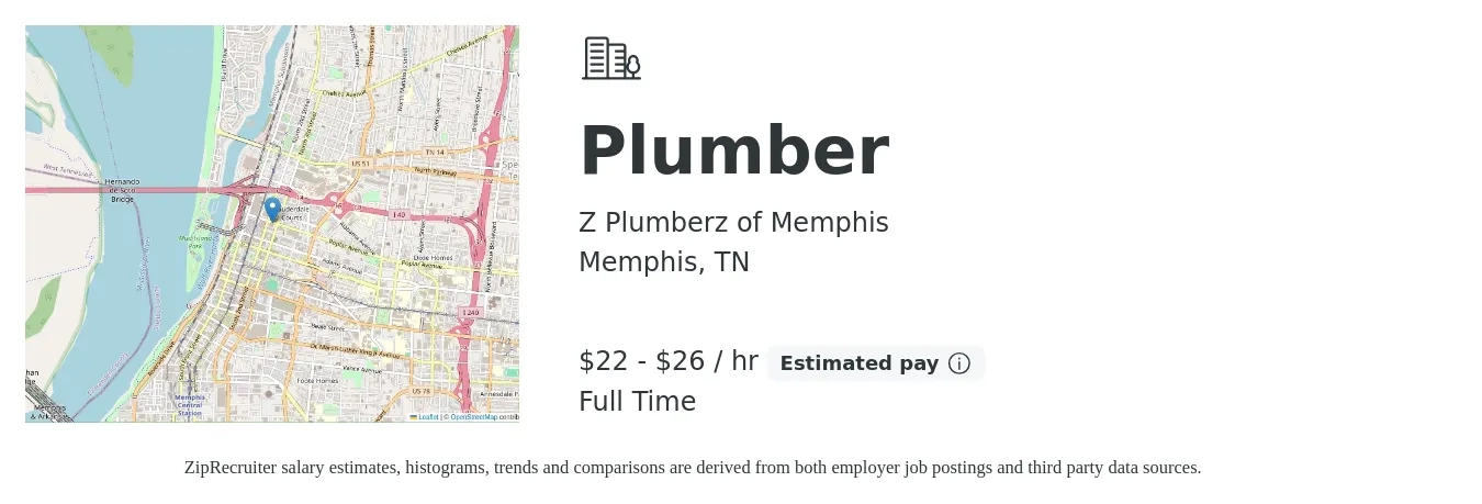 Z Plumberz of Memphis job posting for a Plumber in Memphis, TN with a salary of $22 to $32 Hourly with a map of Memphis location.