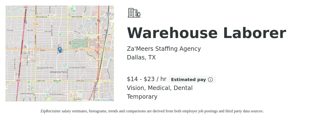 Za'Meers Staffing Agency job posting for a Warehouse Laborer in Dallas, TX with a salary of $15 to $24 Hourly and benefits including dental, medical, and vision with a map of Dallas location.