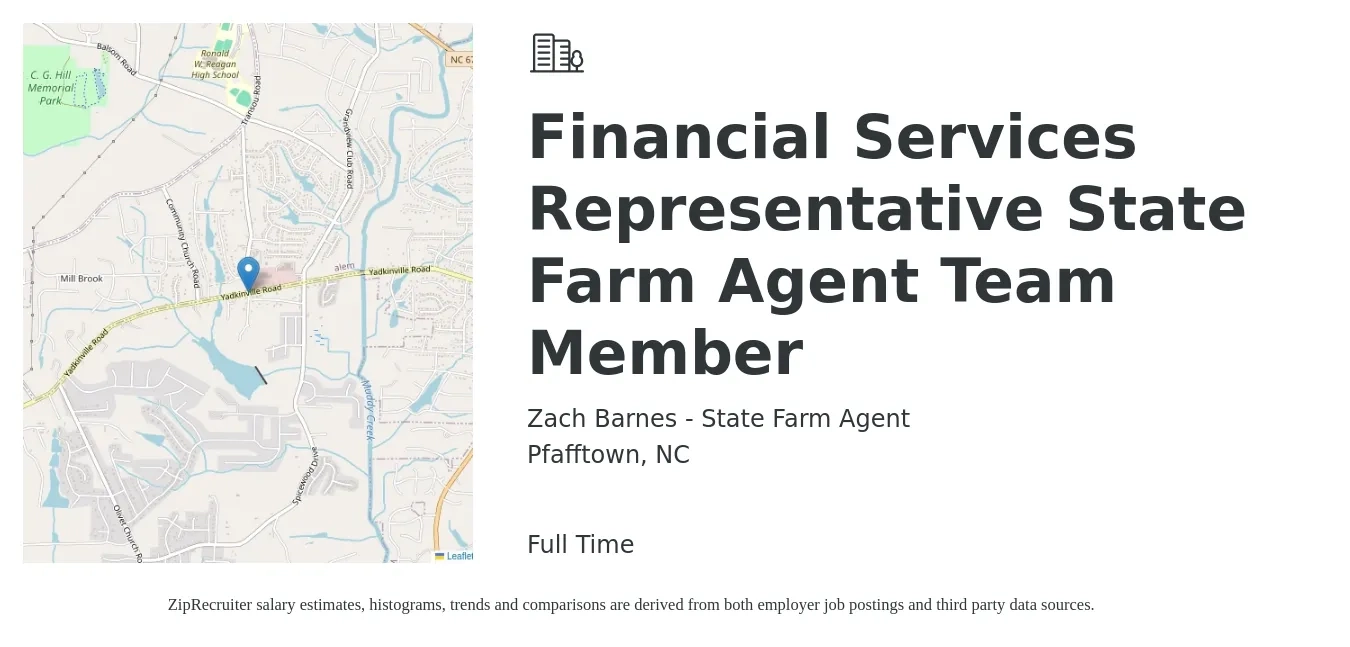 Zach Barnes - State Farm Agent job posting for a Financial Services Representative State Farm Agent Team Member in Pfafftown, NC with a salary of $17 to $28 Hourly with a map of Pfafftown location.