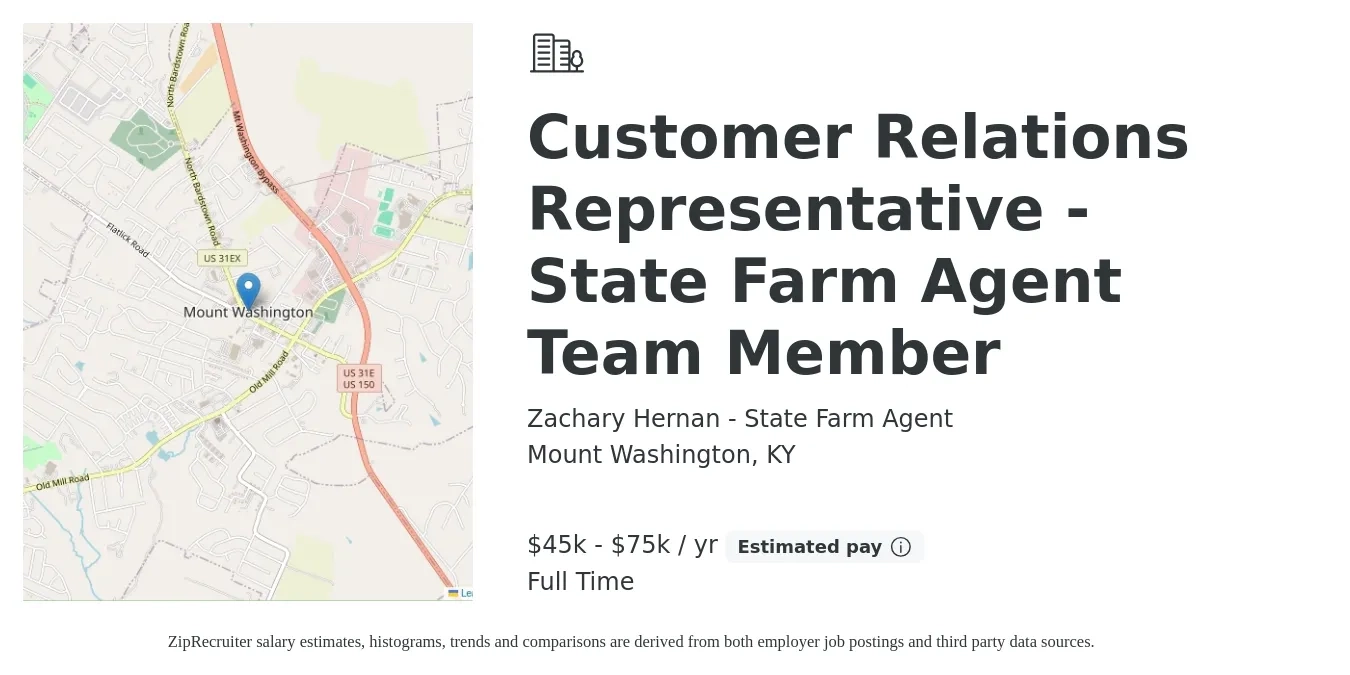 Zachary Hernan - State Farm Agent job posting for a Customer Relations Representative - State Farm Agent Team Member in Mount Washington, KY with a salary of $45,000 to $75,000 Yearly with a map of Mount Washington location.