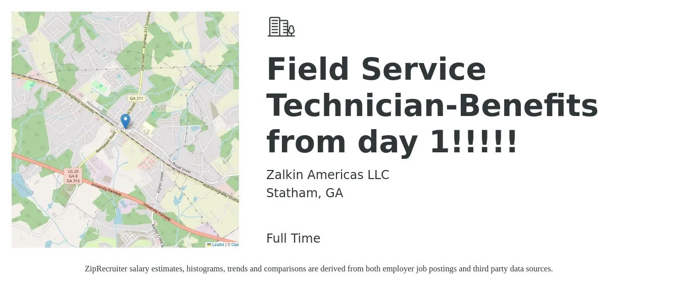 Zalkin Americas LLC job posting for a Field Service Technician-Benefits from day 1!!!!! in Statham, GA with a salary of $19 to $28 Hourly with a map of Statham location.