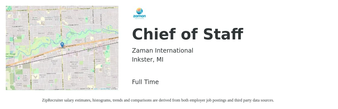 Zaman International job posting for a Chief of Staff in Inkster, MI with a salary of $87,000 to $136,600 Yearly with a map of Inkster location.