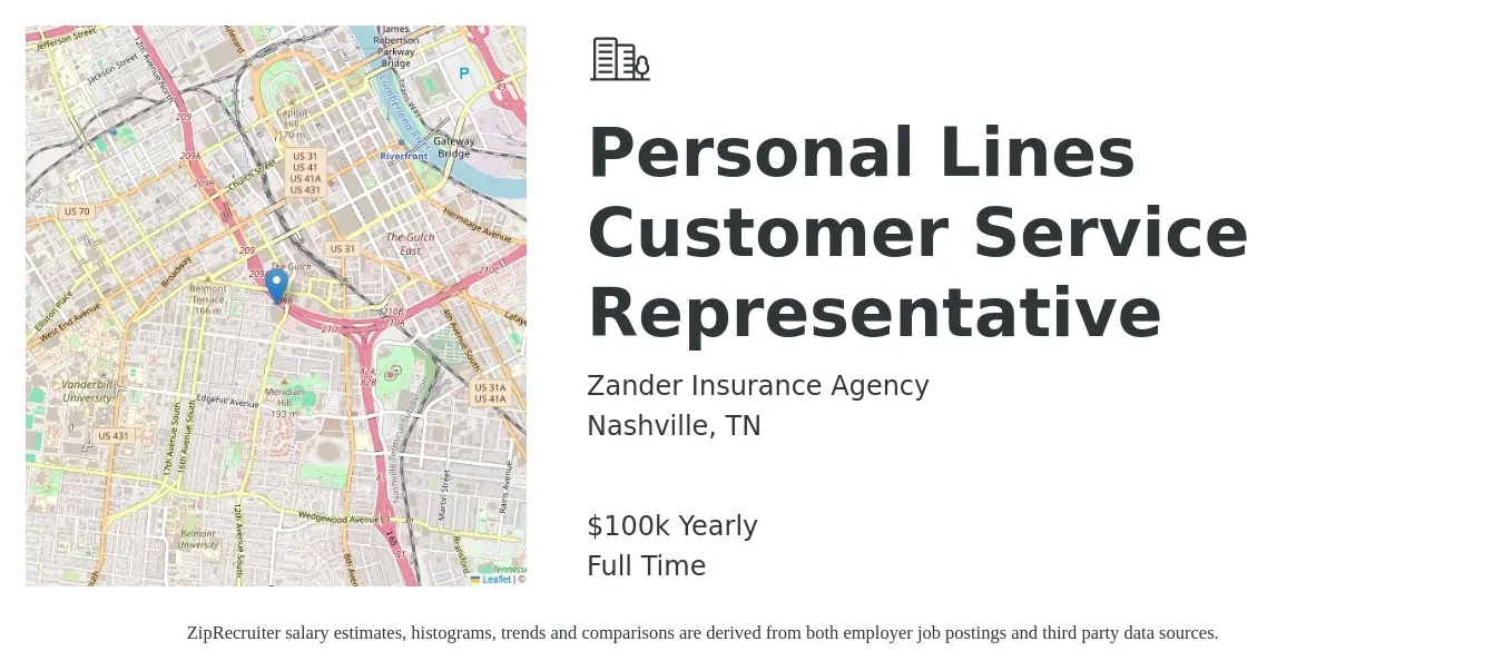 Zander Insurance Agency job posting for a Personal Lines Customer Service Representative in Nashville, TN with a salary of $100,000 Yearly with a map of Nashville location.