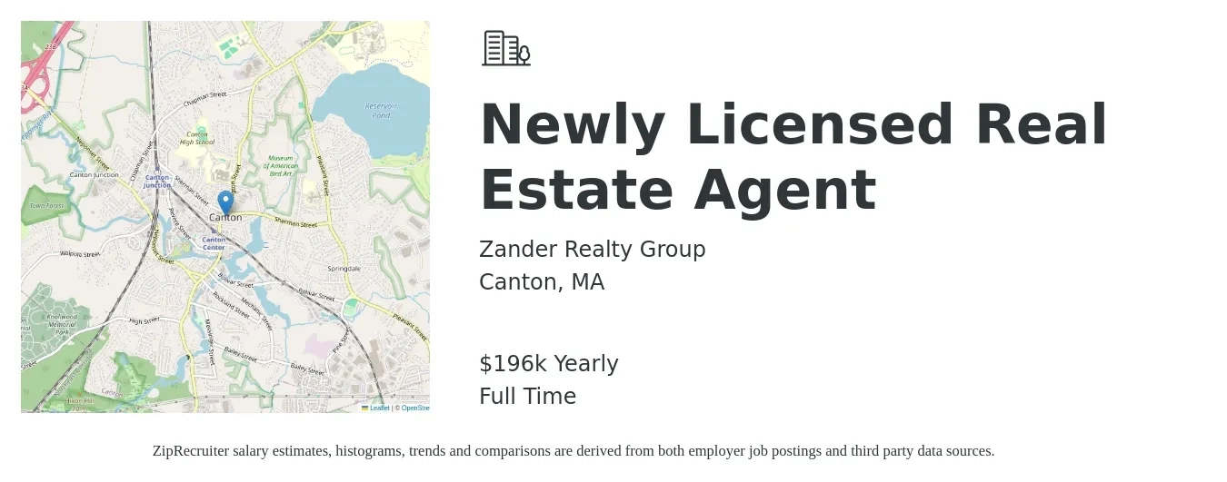 Zander Realty Group job posting for a Newly Licensed Real Estate Agent in Canton, MA with a salary of $196,492 Yearly with a map of Canton location.