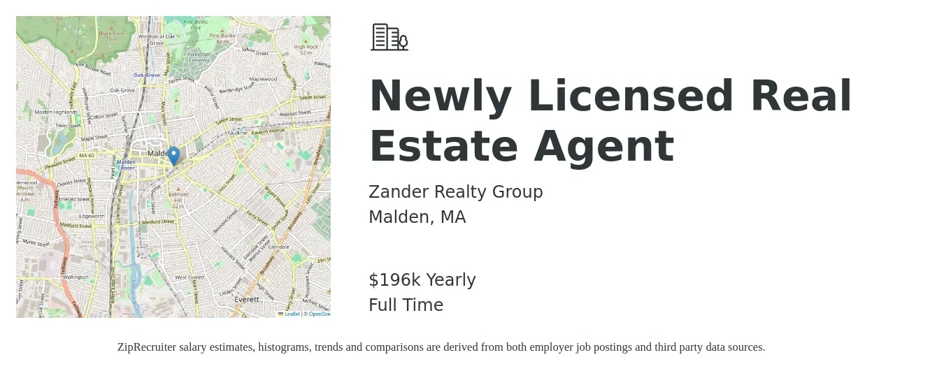Zander Realty Group job posting for a Newly Licensed Real Estate Agent in Malden, MA with a salary of $196,492 Yearly with a map of Malden location.