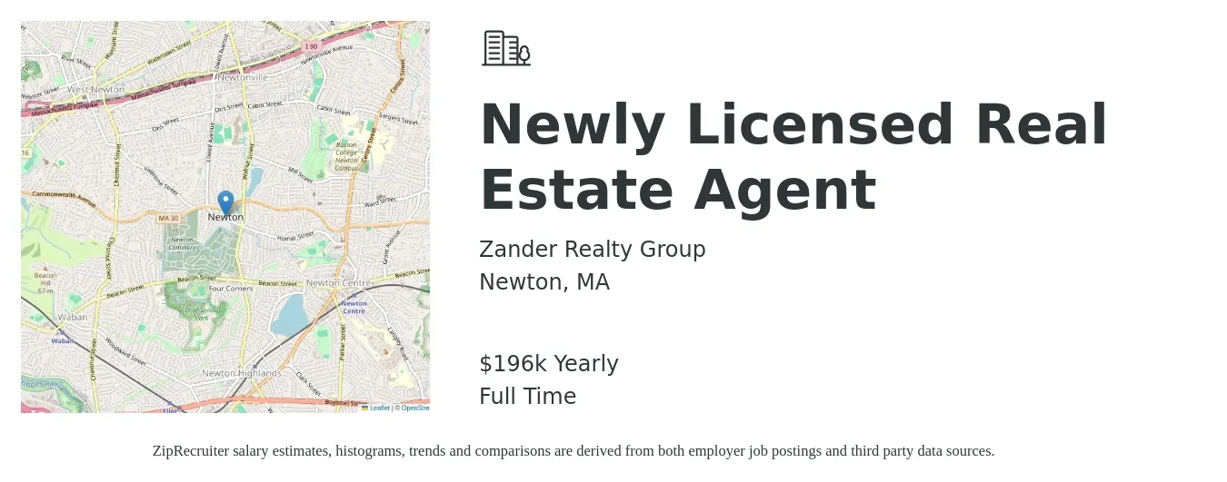 Zander Realty Group job posting for a Newly Licensed Real Estate Agent in Newton, MA with a salary of $196,492 Yearly with a map of Newton location.