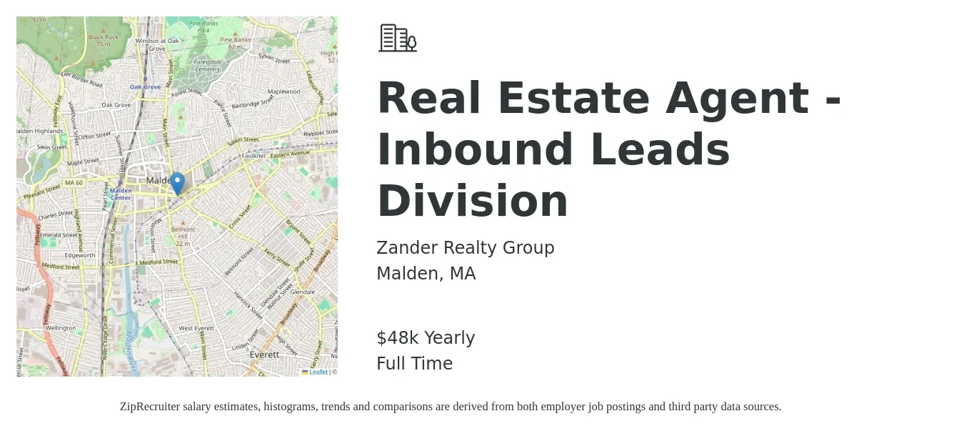 Zander Realty Group job posting for a Real Estate Agent - Inbound Leads Division in Malden, MA with a salary of $48,227 Yearly with a map of Malden location.