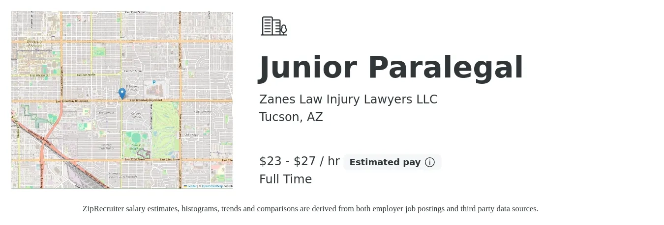 Zanes Law Injury Lawyers LLC job posting for a Junior Paralegal in Tucson, AZ with a salary of $24 to $29 Hourly with a map of Tucson location.