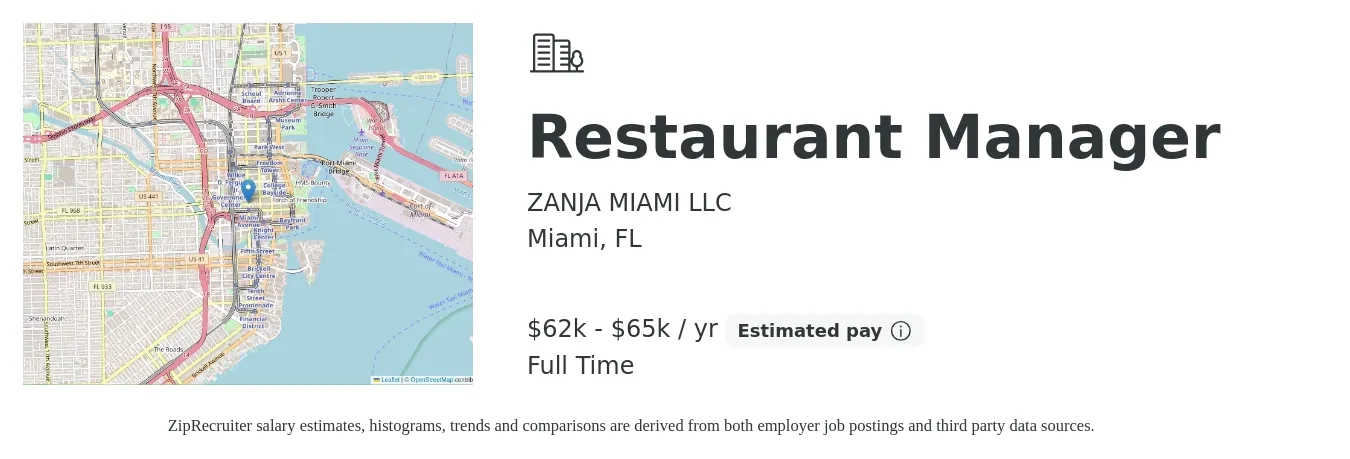ZANJA MIAMI LLC job posting for a Restaurant Manager in Miami, FL with a salary of $62,000 to $65,000 Yearly with a map of Miami location.