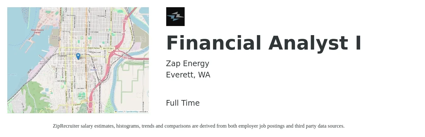 Zap Energy job posting for a Financial Analyst I in Everett, WA with a salary of $80,000 to $120,000 Yearly with a map of Everett location.