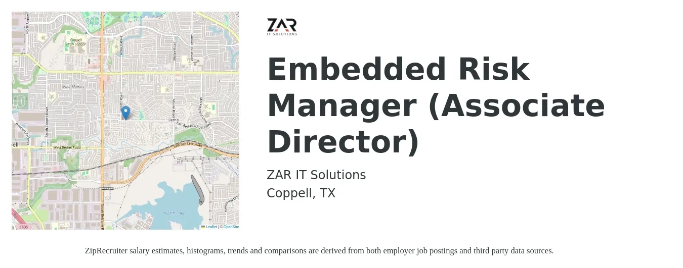 ZAR IT Solutions job posting for a Embedded Risk Manager (Associate Director) in Coppell, TX with a salary of $83,700 to $119,900 Yearly with a map of Coppell location.