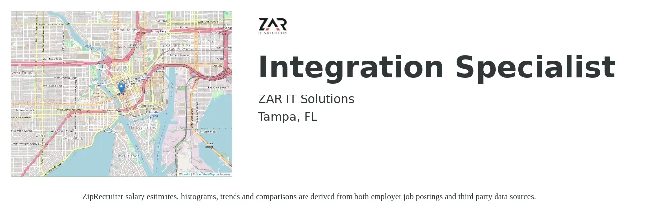 ZAR IT Solutions job posting for a Integration Specialist in Tampa, FL with a salary of $60,000 to $114,300 Yearly with a map of Tampa location.