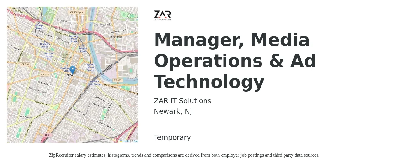 ZAR IT Solutions job posting for a Manager, Media Operations & Ad Technology in Newark, NJ with a salary of $76,300 to $87,300 Yearly with a map of Newark location.