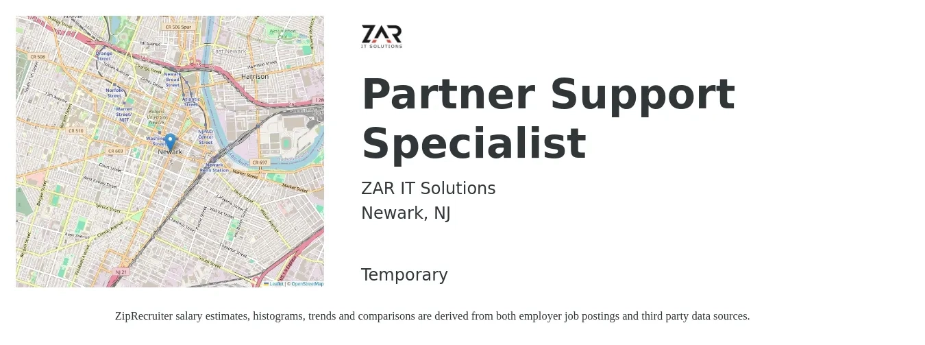 ZAR IT Solutions job posting for a Partner Support Specialist in Newark, NJ with a salary of $20 to $31 Hourly with a map of Newark location.