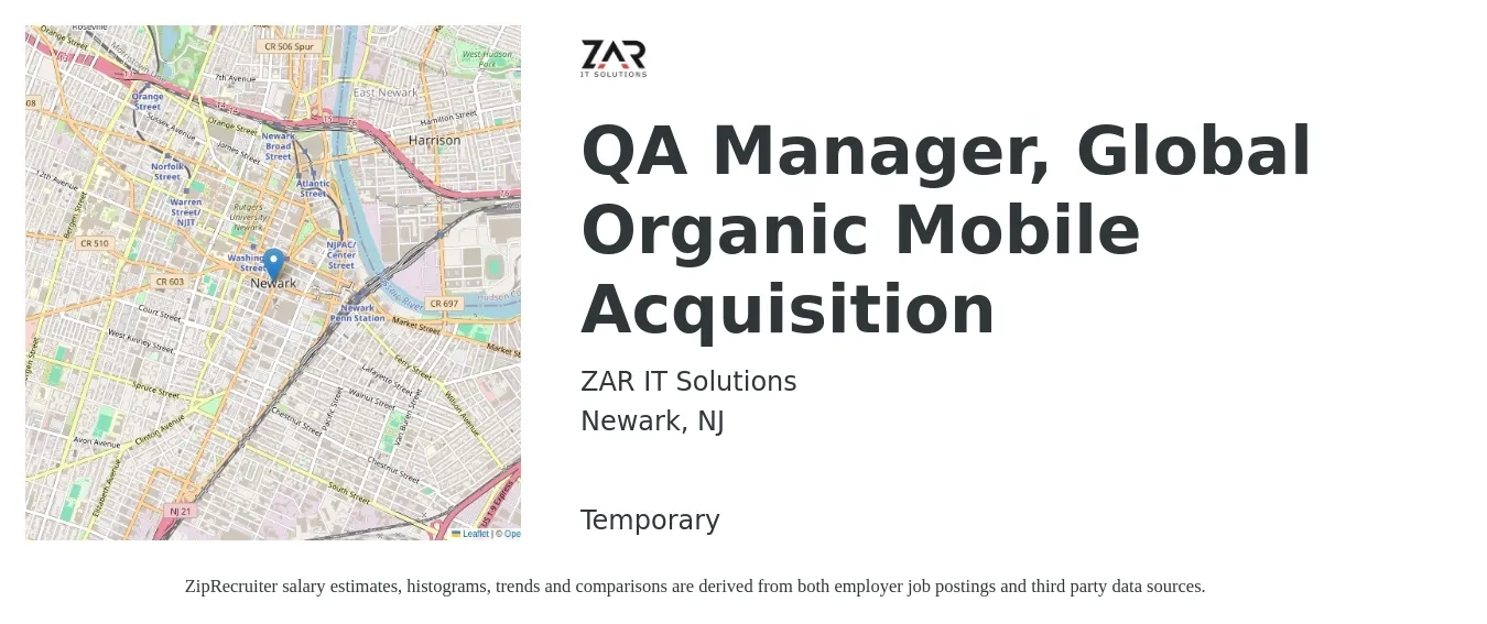 ZAR IT Solutions job posting for a QA Manager, Global Organic Mobile Acquisition in Newark, NJ with a salary of $86,800 to $151,100 Yearly with a map of Newark location.