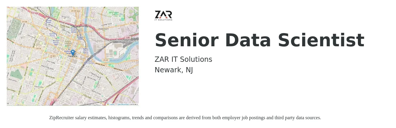 ZAR IT Solutions job posting for a Senior Data Scientist in Newark, NJ with a salary of $123,900 to $174,100 Yearly with a map of Newark location.