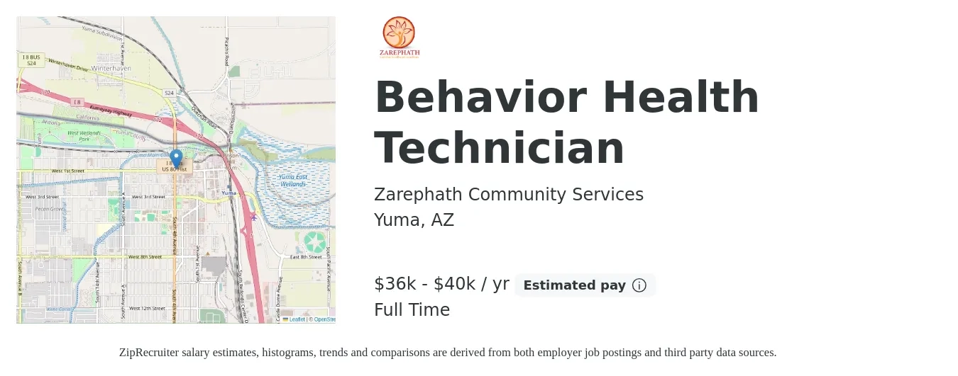 Zarephath Community Services job posting for a Behavior Health Technician in Yuma, AZ with a salary of $36,000 to $40,000 Yearly with a map of Yuma location.