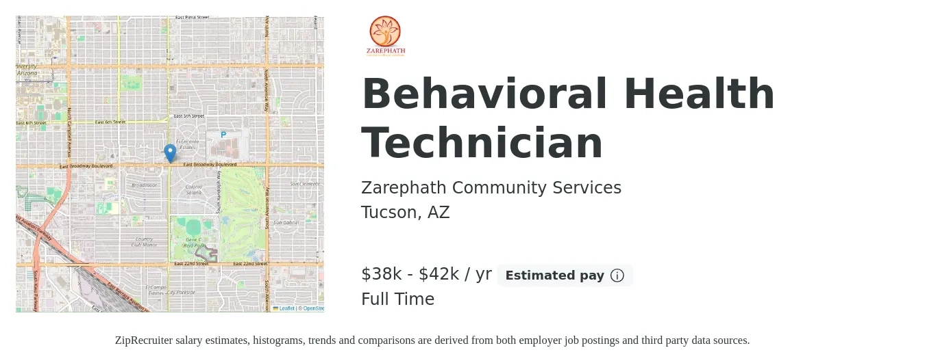 Zarephath Community Services job posting for a Behavioral Health Technician in Tucson, AZ with a salary of $38,000 to $42,000 Yearly with a map of Tucson location.