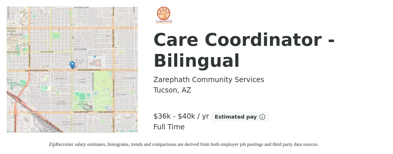 Zarephath Community Services job posting for a Care Coordinator - Bilingual in Tucson, AZ with a salary of $36,000 to $40,000 Yearly with a map of Tucson location.