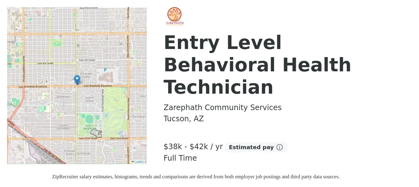 Zarephath Community Services job posting for a Entry Level Behavioral Health Technician in Tucson, AZ with a salary of $38,000 to $42,000 Yearly with a map of Tucson location.