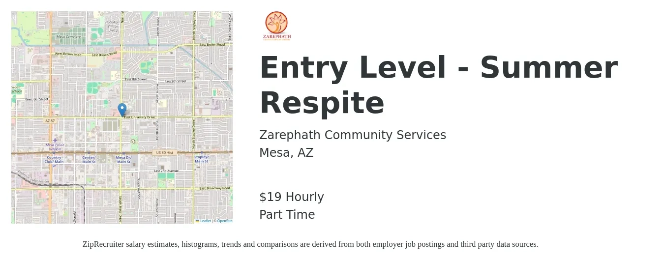 Zarephath Community Services job posting for a Entry Level - Summer Respite in Mesa, AZ with a salary of $17 to $20 Hourly with a map of Mesa location.