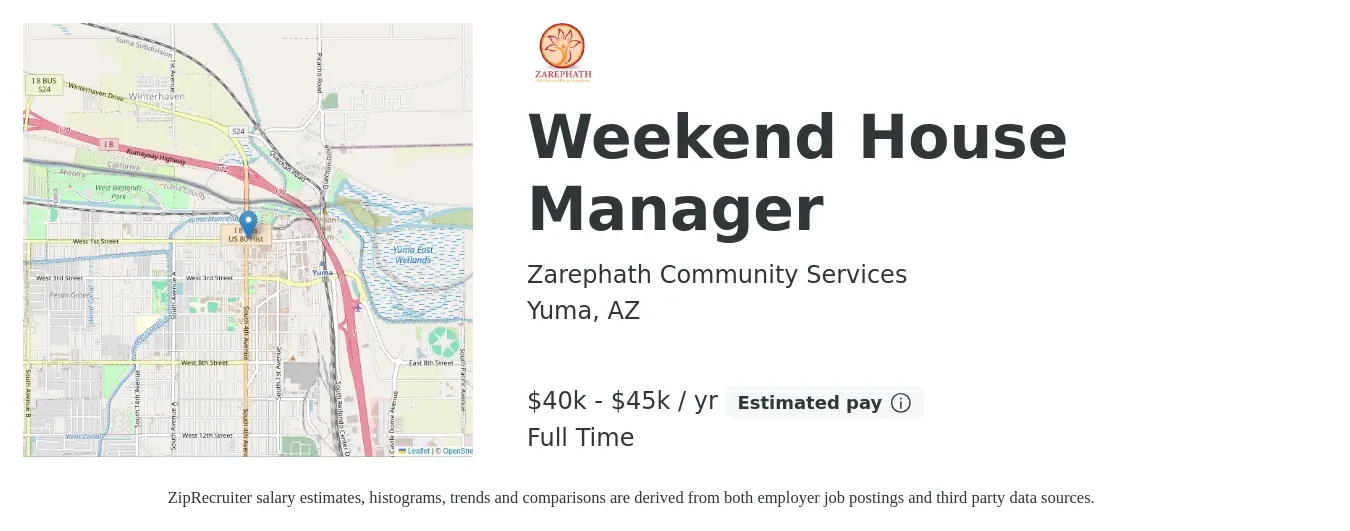 Zarephath Community Services job posting for a Weekend House Manager in Yuma, AZ with a salary of $40,000 to $45,000 Yearly with a map of Yuma location.
