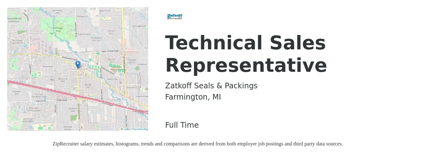 Zatkoff Seals & Packings job posting for a Technical Sales Representative in Farmington, MI with a salary of $62,000 to $89,100 Yearly with a map of Farmington location.
