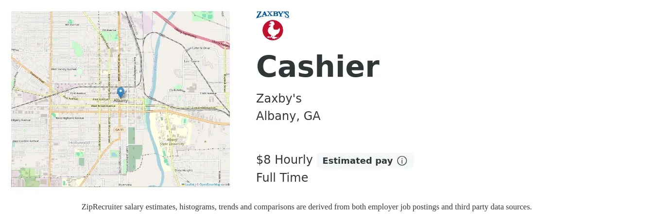 Zaxby's job posting for a Cashier in Albany, GA with a salary of $9 Hourly with a map of Albany location.