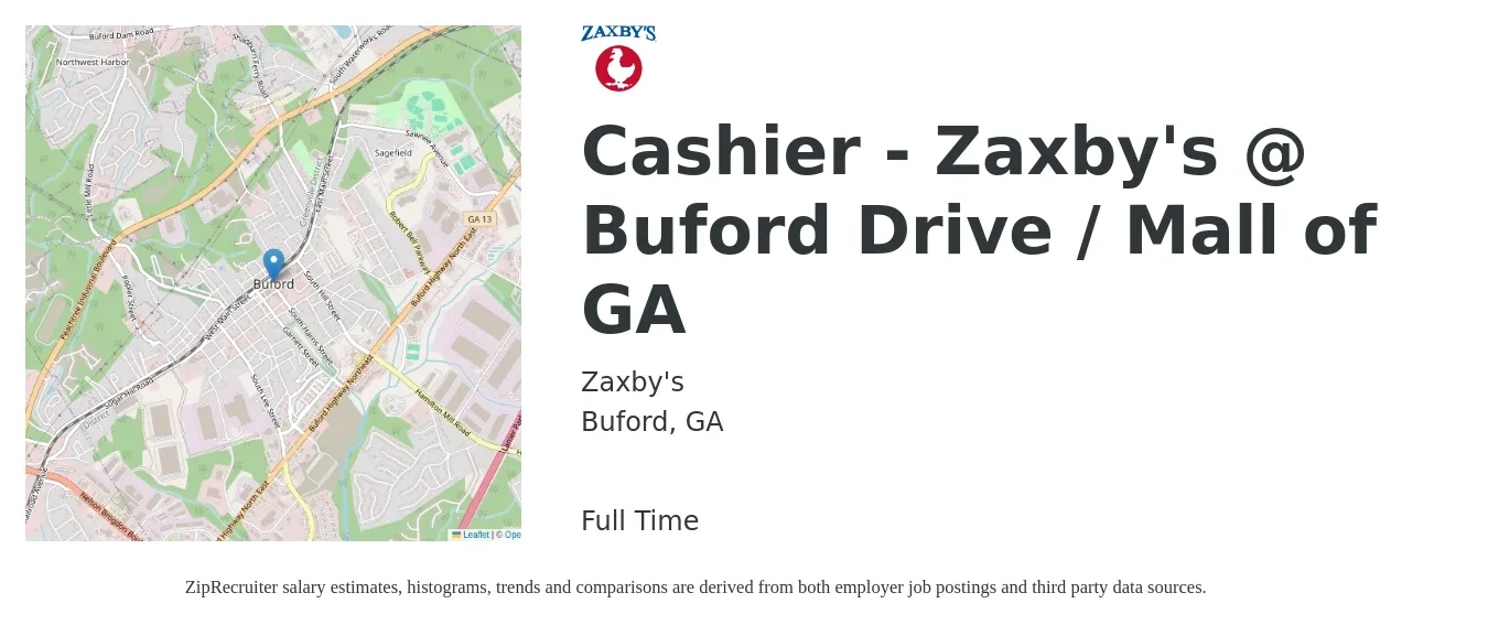 Zaxby's job posting for a Cashier - Zaxby's @ Buford Drive / Mall of GA in Buford, GA with a salary of $11 to $14 Hourly with a map of Buford location.