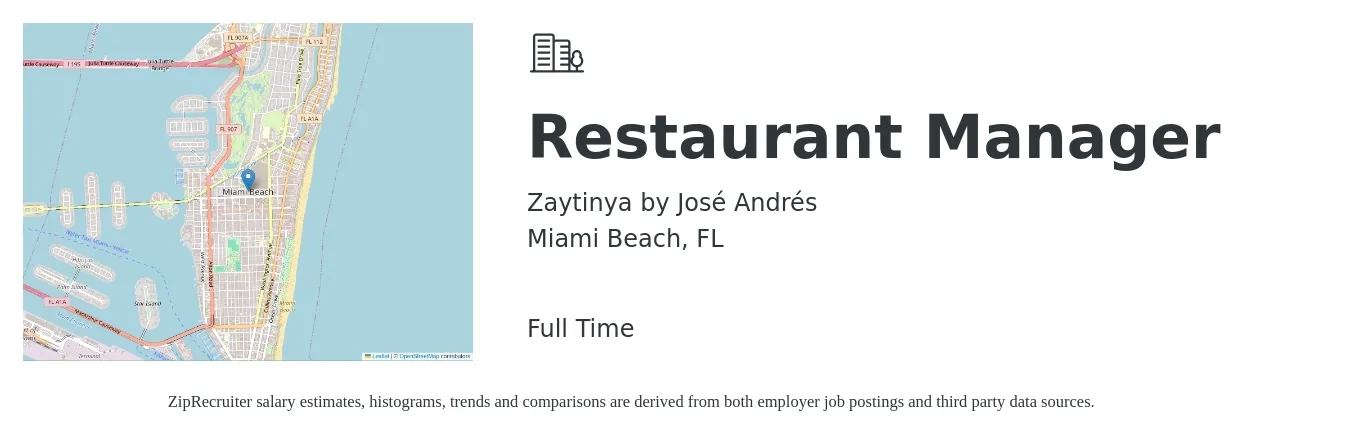 Zaytinya by José Andrés job posting for a Restaurant Manager in Miami Beach, FL with a salary of $44,400 to $62,700 Yearly with a map of Miami Beach location.