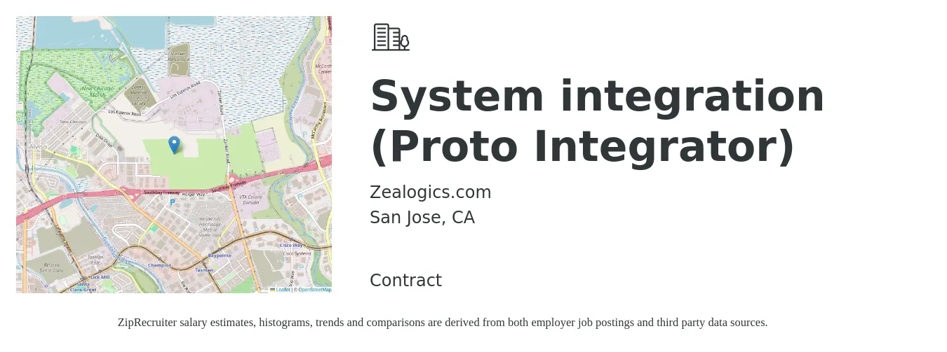 Zealogics.com job posting for a System integration (Proto Integrator) in San Jose, CA with a salary of $99,000 to $152,400 Yearly with a map of San Jose location.