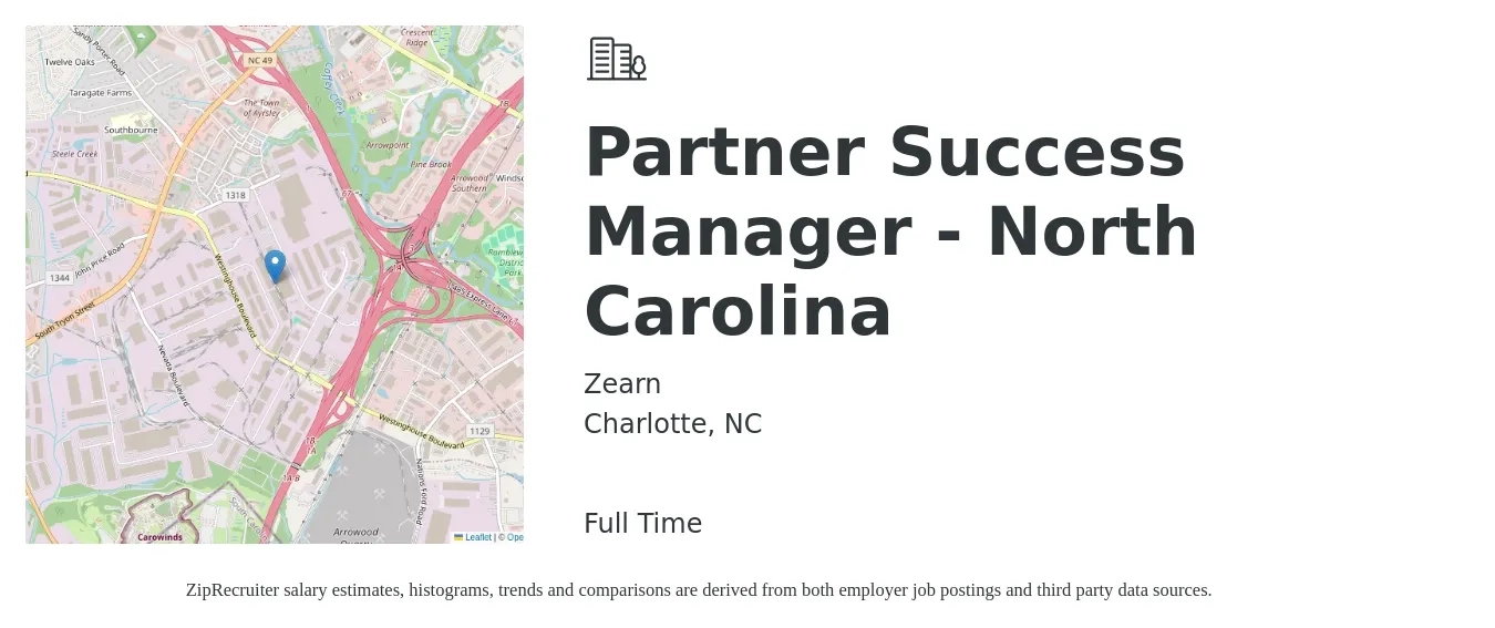 Zearn job posting for a Partner Success Manager - North Carolina in Charlotte, NC with a salary of $58,100 to $96,700 Yearly with a map of Charlotte location.