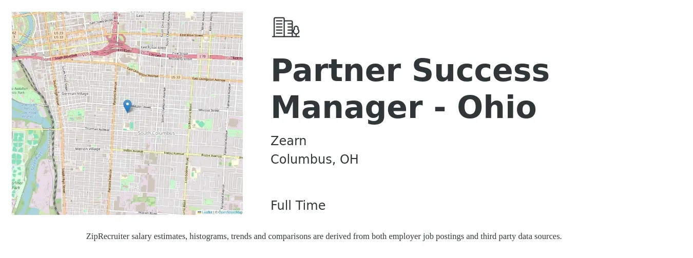Zearn job posting for a Partner Success Manager - Ohio in Columbus, OH with a salary of $57,500 to $95,600 Yearly with a map of Columbus location.
