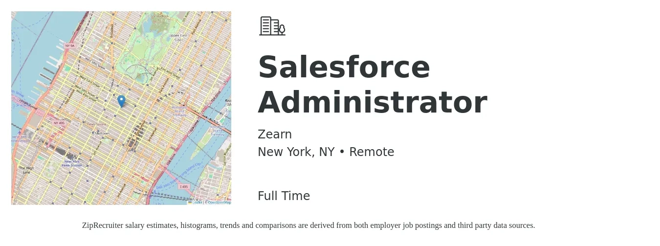 Zearn job posting for a Salesforce Administrator in New York, NY with a salary of $70,000 to $85,000 Yearly with a map of New York location.