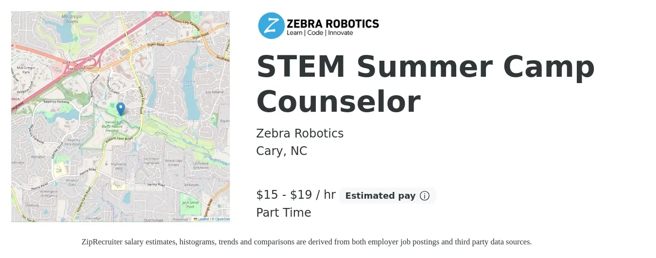 Zebra Robotics job posting for a STEM Summer Camp Counselor in Cary, NC with a salary of $16 to $20 Hourly and benefits including retirement with a map of Cary location.