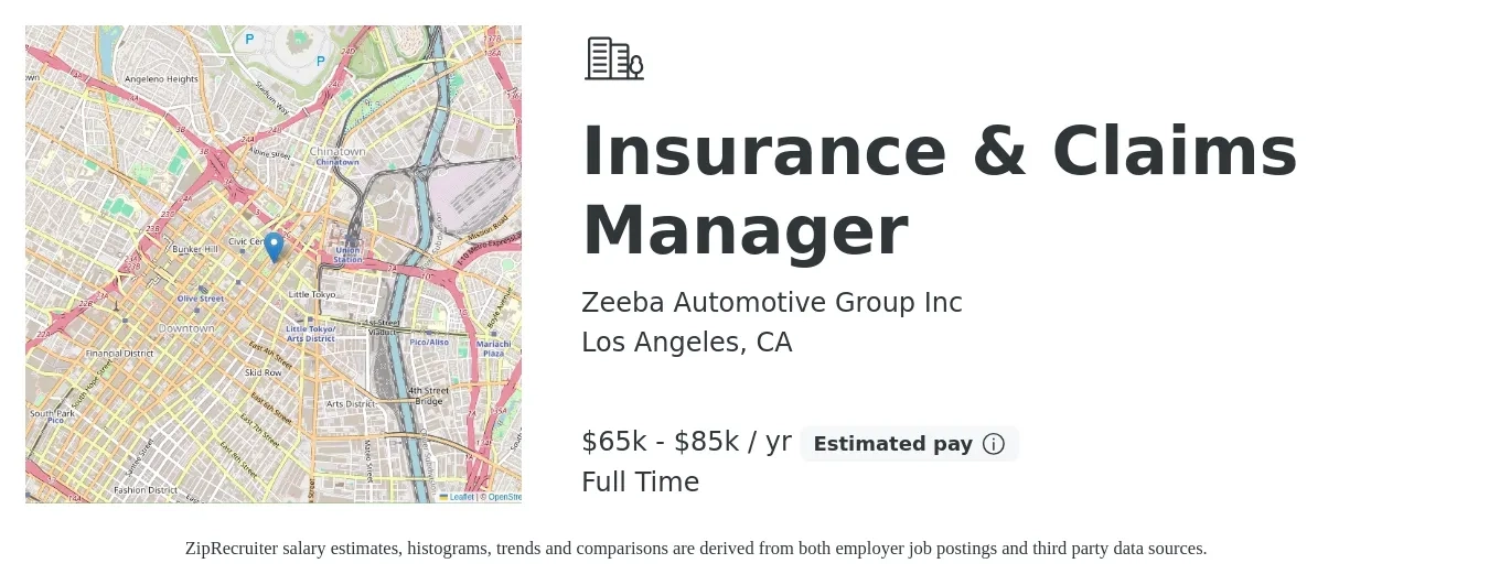 Zeeba Automotive Group Inc job posting for a Insurance & Claims Manager in Los Angeles, CA with a salary of $65,000 to $85,000 Yearly with a map of Los Angeles location.
