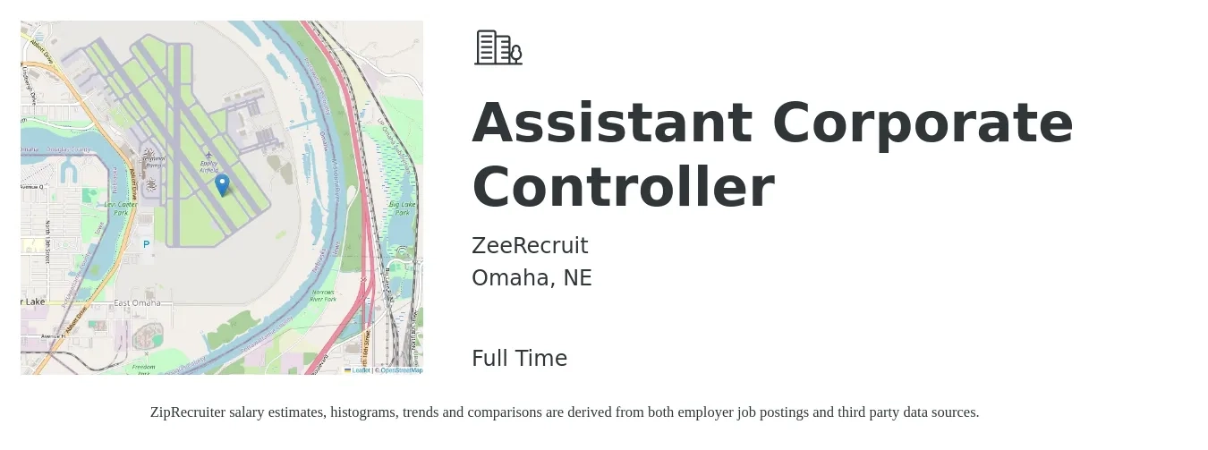 ZeeRecruit job posting for a Assistant Corporate Controller in Omaha, NE with a salary of $76,500 to $133,900 Yearly with a map of Omaha location.