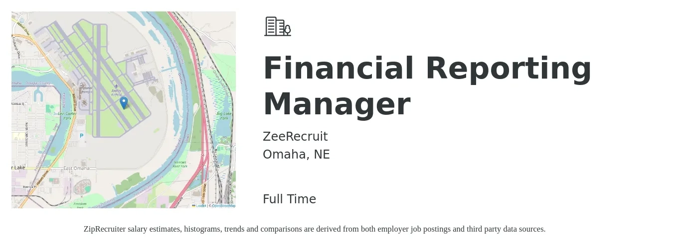 ZeeRecruit job posting for a Financial Reporting Manager in Omaha, NE with a salary of $95,300 to $129,500 Yearly with a map of Omaha location.