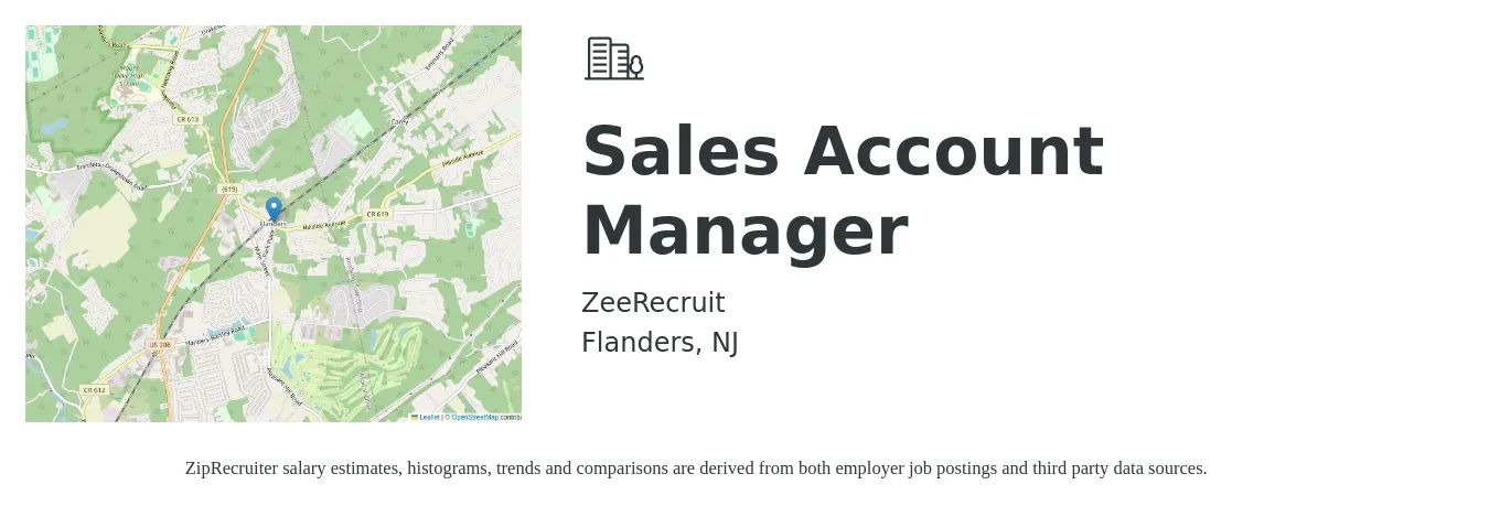 ZeeRecruit job posting for a Sales Account Manager in Flanders, NJ with a salary of $80,000 to $100,000 Yearly with a map of Flanders location.