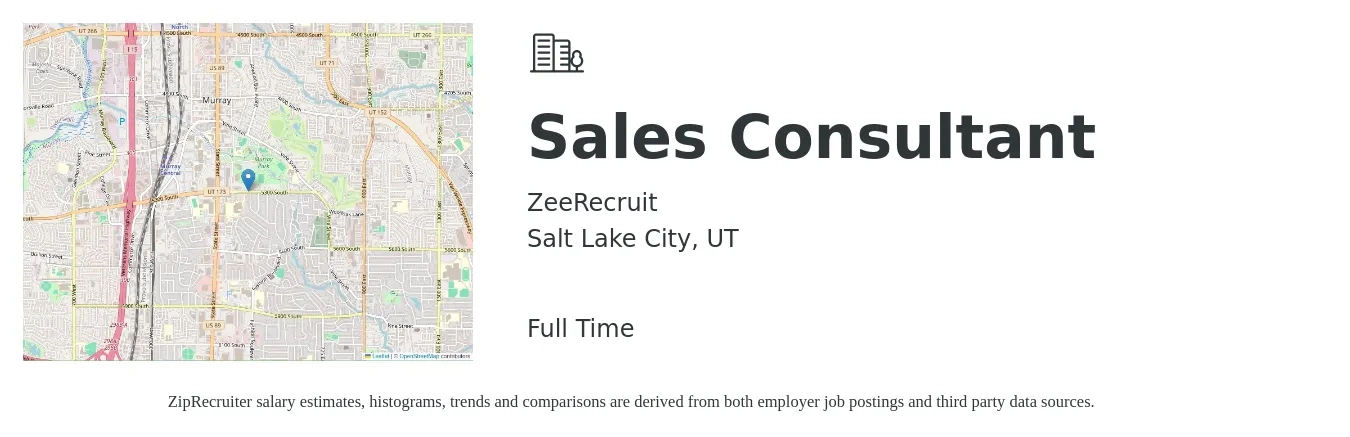 ZeeRecruit job posting for a Sales Consultant in Salt Lake City, UT with a salary of $50,000 to $100,000 Yearly with a map of Salt Lake City location.